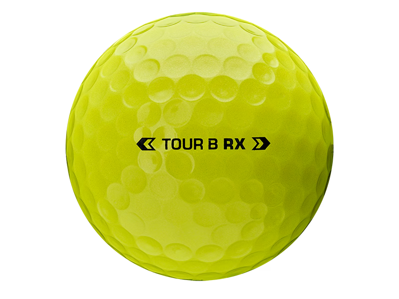 Yellow golf ball with 'TOUR B RX' branding on a white background