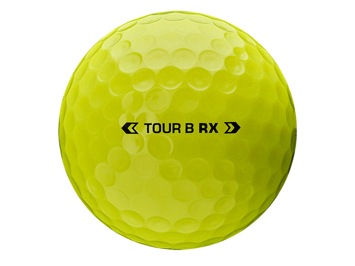 Yellow golf ball with 'TOUR B RX' branding on a white background